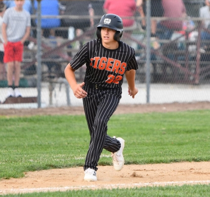 Dalton Ferree leads off third base against Shenandoah. Ferree doubled and drove in a run in a the Tigers’ loss. (Bryan Clark/ Southwest Iowa Herald)