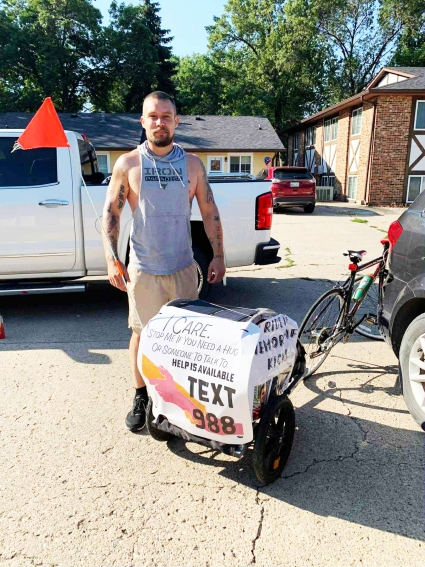 Nate Payne, pictured here during his 2025 ride, is prepping for the third annual Keep Going, Kicks Memorial Bike Ride for Mental Health, which takes off Sept. 7. He’ll return to Red Oak Sept. 10.