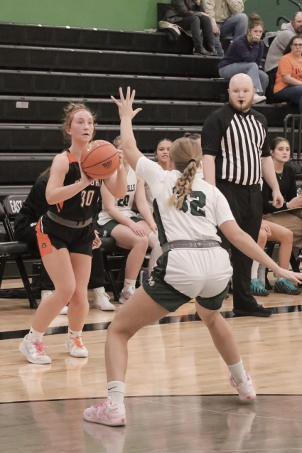 Emily Sebeniecher, shown here against East Mills earlier this season, led Red Oak with nine points in the loss to Council Bluffs Lewis Central. (Joel Stevens/ The Red Oak Express)