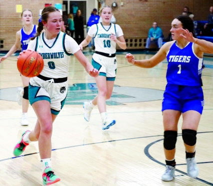 Hailey Randall notched a double-double with 11 points and 11 rebounds in Thursday’s 57-53 loss to Griswold. (Photo by Joel Stevens)