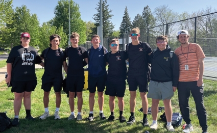 The Red Oak tennis team at the Hawkeye 10 Conference Tennis Meet. From left: Will Pollock, Jackson Perdue, AJ Beeson, Kaleb Sebeniecher, Damien Goodman, Dillan Rydberg, Davis Mayberry, Coach Weston Rolenc. Not pictured: Ethan Strunk, who left early for other high school activities. (Submitted photo)