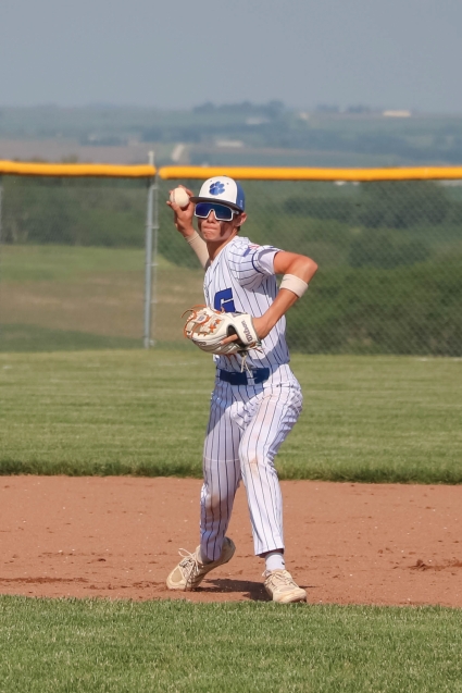 Grayson Smith, shown here at shortstop earlier this season, picked up the win on the mound for Griswold in Friday’s 21-0 win over Hamburg. (Joel Stevens/ The Red Oak Express)